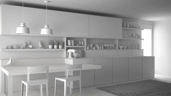 Niedokończony projekt minimalistycznej nowoczesnej kuchni, całkowita białe i — Zdjęcie stockowe