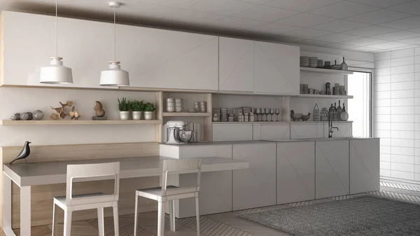 Nedokončený projekt minimalistický moderní kuchyně s dřevěnými de — Stock fotografie