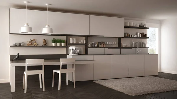 Cozinha moderna minimalista com detalhes de madeira, mesa e cadeiras , — Fotografia de Stock