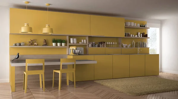 Cocina moderna minimalista con detalles de madera, mesa y sillas , — Foto de Stock