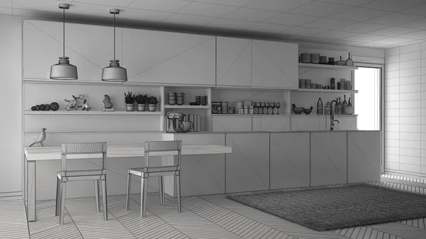 Unfinished project of minimalistic modern kitchen with wooden de