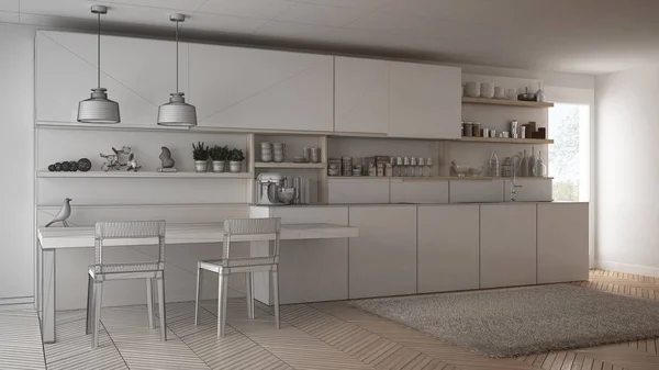 Projeto inacabado de cozinha moderna minimalista com madeira de — Fotografia de Stock