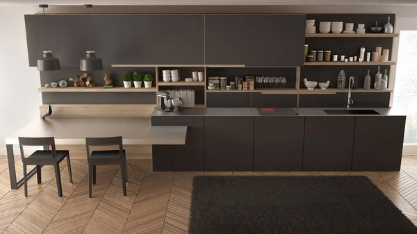 Dapur modern minimalis dengan rincian kayu, meja dan kursi , — Stok Foto