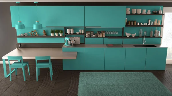 Minimalistisch moderne Küche mit Holzdetails, Tisch und Stühlen, — Stockfoto