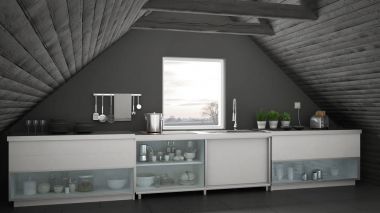 İskandinav endüstriyel mutfak, çatı asma kat, çatı architectu