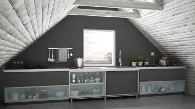 İskandinav endüstriyel mutfak, çatı asma kat, çatı architectu