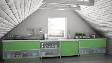 İskandinav endüstriyel mutfak, çatı asma kat, çatı architectu