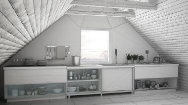 İskandinav endüstriyel mutfak, çatı mezz tamamlanmamış proje