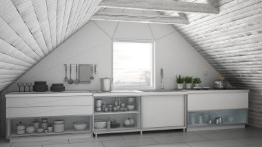 İskandinav endüstriyel mutfak, çatı mezz tamamlanmamış proje