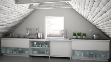 İskandinav endüstriyel mutfak, çatı asma kat, çatı architectu