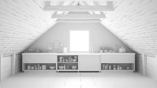 İskandinavya endüstriyel mutfak, çatı mezz toplam beyaz proje — Stok fotoğraf