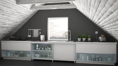 İskandinav endüstriyel mutfak, çatı asma kat, çatı architectu