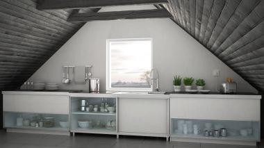 İskandinav endüstriyel mutfak, çatı asma kat, çatı architectu