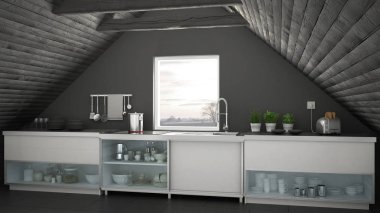 İskandinav endüstriyel mutfak, çatı asma kat, çatı architectu