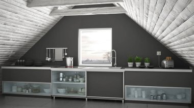 İskandinav endüstriyel mutfak, çatı asma kat, çatı architectu
