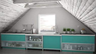 İskandinav endüstriyel mutfak, çatı asma kat, çatı architectu