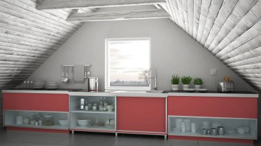 İskandinav endüstriyel mutfak, çatı asma kat, çatı architectu