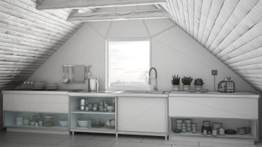 İskandinav endüstriyel mutfak, çatı mezz tamamlanmamış proje