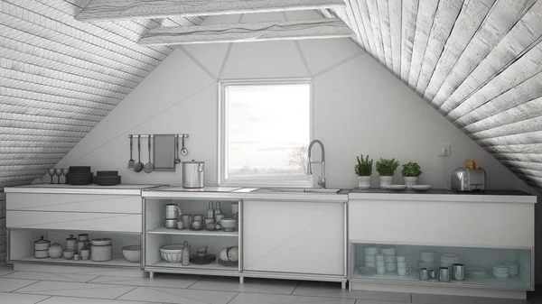Unfinished project of scandinavian industrial kitchen, loft mezz