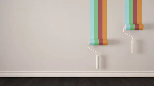 Lege ruimte met de verf rollen en geschilderde muur, houten vloer, co — Stockfoto