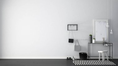 İskandinav giriş lobi salonu masa, tabure, halı ve m