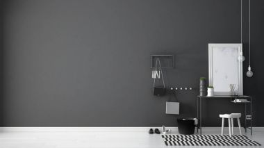 İskandinav giriş lobi salonu masa, tabure, halı ve m