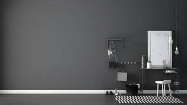 İskandinav giriş lobi salonu masa, tabure, halı ve m