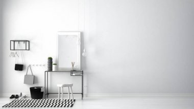 İskandinav giriş lobi salonu masa, tabure, halı ve m