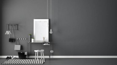 İskandinav giriş lobi salonu masa, tabure, halı ve m