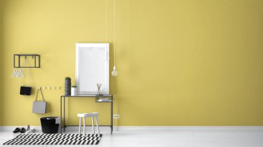 İskandinav giriş lobi salonu masa, tabure, halı ve m