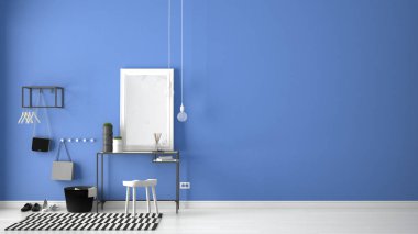 İskandinav giriş lobi salonu masa, tabure, halı ve m