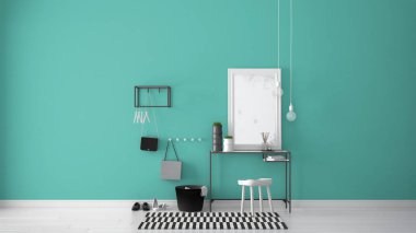 İskandinav giriş lobi salonu masa, tabure, halı ve m