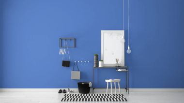 İskandinav giriş lobi salonu masa, tabure, halı ve m