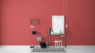 İskandinav giriş lobi salonu masa, tabure, halı ve m