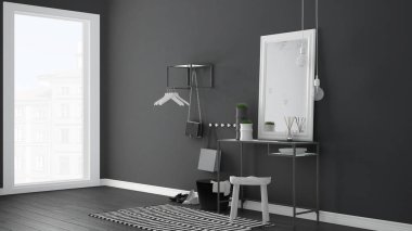 İskandinav giriş lobi salonu masa, tabure, halı ve m