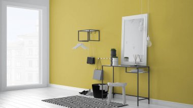 İskandinav giriş lobi salonu masa, tabure, halı ve m