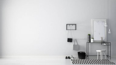 İskandinav giriş lobi salonu masa, tabure, halı ve m