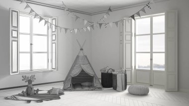 Çocuk Odası Mobilya, halı ve çadır, tamamlanmamış proje