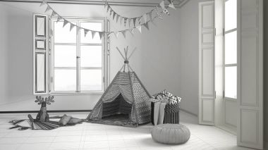 Çocuk Odası Mobilya, halı ve çadır, tamamlanmamış proje