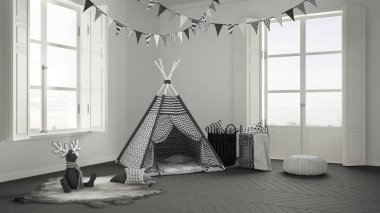Çocuk Odası Mobilya, halı ve çadır, iki panoramik pencere ile