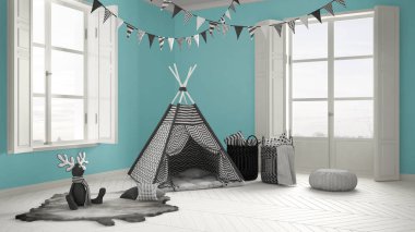 Çocuk Odası Mobilya, halı ve çadır, iki panoramik pencere ile