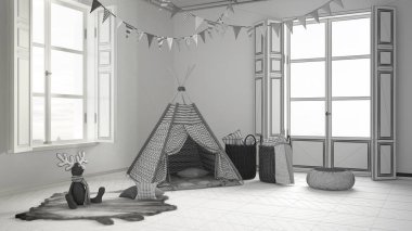 Çocuk Odası Mobilya, halı ve çadır, tamamlanmamış proje