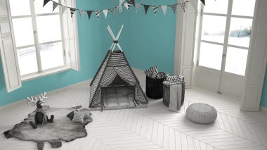 Çocuk Odası Mobilya, halı ve çadır, iki panoramik pencere ile