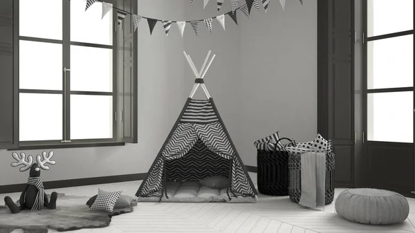 Chambre d'enfant avec mobilier, tapis et tente, deux fenêtres panoramiques — Photo