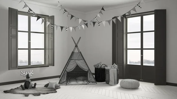 Dětské pokoje s nábytkem, koberci a stan, dvě panoramatické okno — Stock fotografie