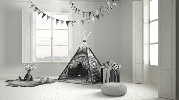 Quarto de criança com mobiliário, carpete e tenda, duas janelas panorâmicas — Fotografia de Stock