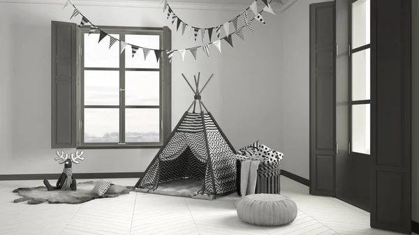 Gyermek nappali bútor, szőnyeg és sátor, két panoráma ablak — Stock Fotó