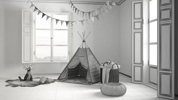 Unvollendetes Projekt Kinderzimmer mit Möbeln, Teppich und Zelt — Stockfoto