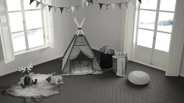 Дитяча кімната з меблями, килимом і наметом, два панорамних вікна — стокове фото