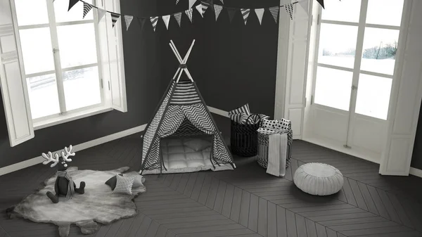 Chambre d'enfant avec mobilier, tapis et tente, deux fenêtres panoramiques — Photo